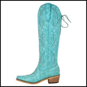 Western Boots Knee High Back Lace Up Side Zipper Faux Leather Cowgirl Fashion